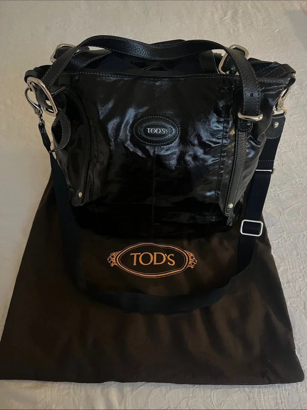 Tod's Black Patent Leather Shoulder Tote with Silver Hardware